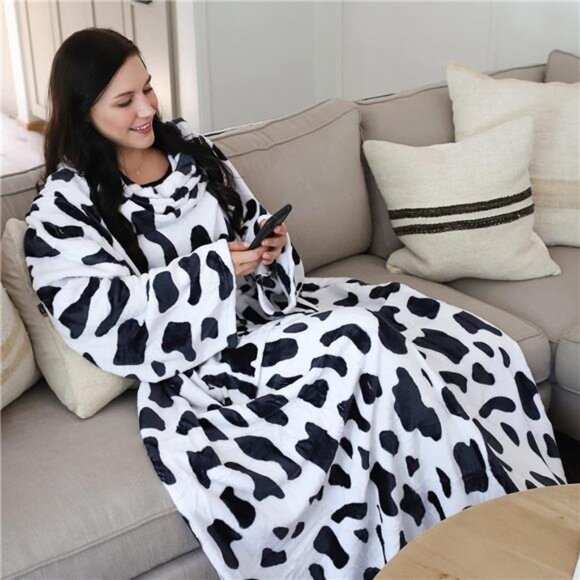 Cow Print Wearable Blanket with Sleeves and Pocket, Cozy Soft Fleece Mink Plush - Picture 2 of 7